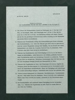 Dienstordnung der Nachtaufseher für die Zeit von 1. Oktober 76 bis 30. April 77