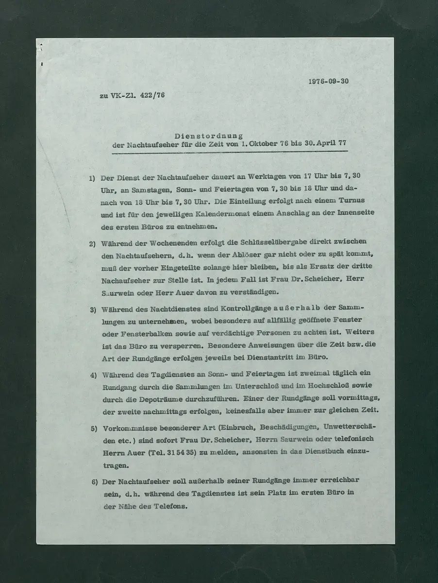 Dienstordnung der Nachtaufseher für die Zeit von 1. Oktober 76 bis 30. April 77