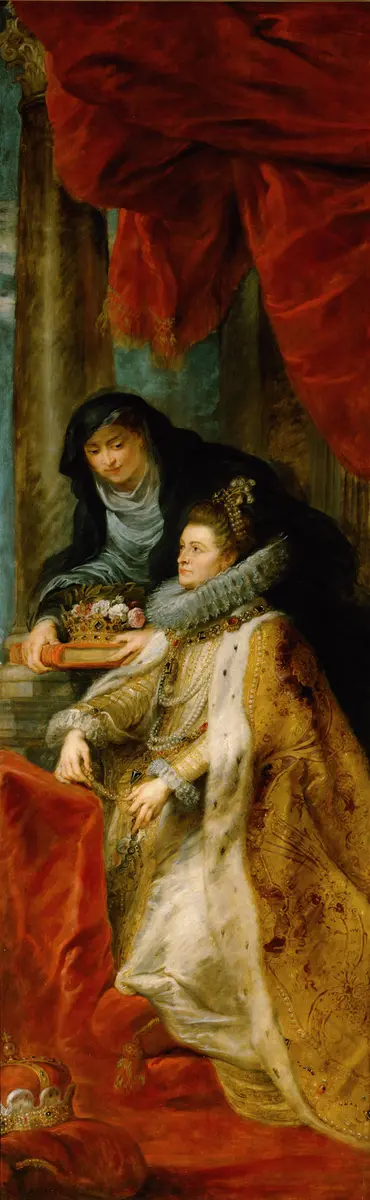 Ildefonso-Altar: Maria erscheint dem hl. Ildefonso (Mittelteil), Erzherzog Albrecht der VII. (linker Innenflügel) bzw. Infantin Isabella Clara Eugenia (rechter Innenflügel), beide mit ihren Schutzpatronen