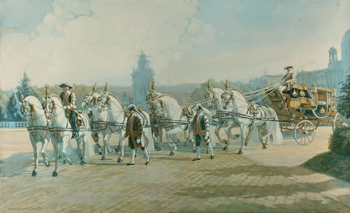 Der Gala-Staatswagen Kaiser Franz Josephs bei der Rückkehr in die Hofstallungen
