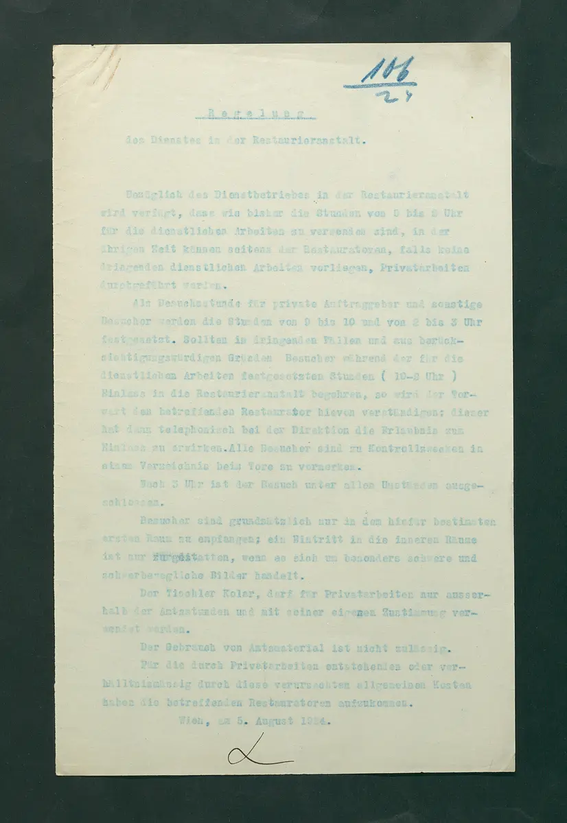 Regelung des Dienstes in der Restaurieranstalt