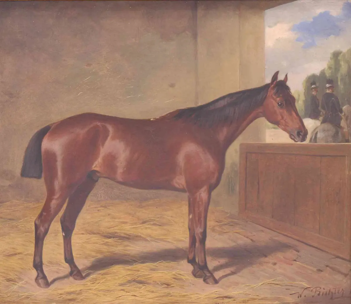 Bildnis eines Pferdes aus dem Reitstall der Kaiserin Elisabeth (Brauner Irländer); Öl auf Leinwand, signiert