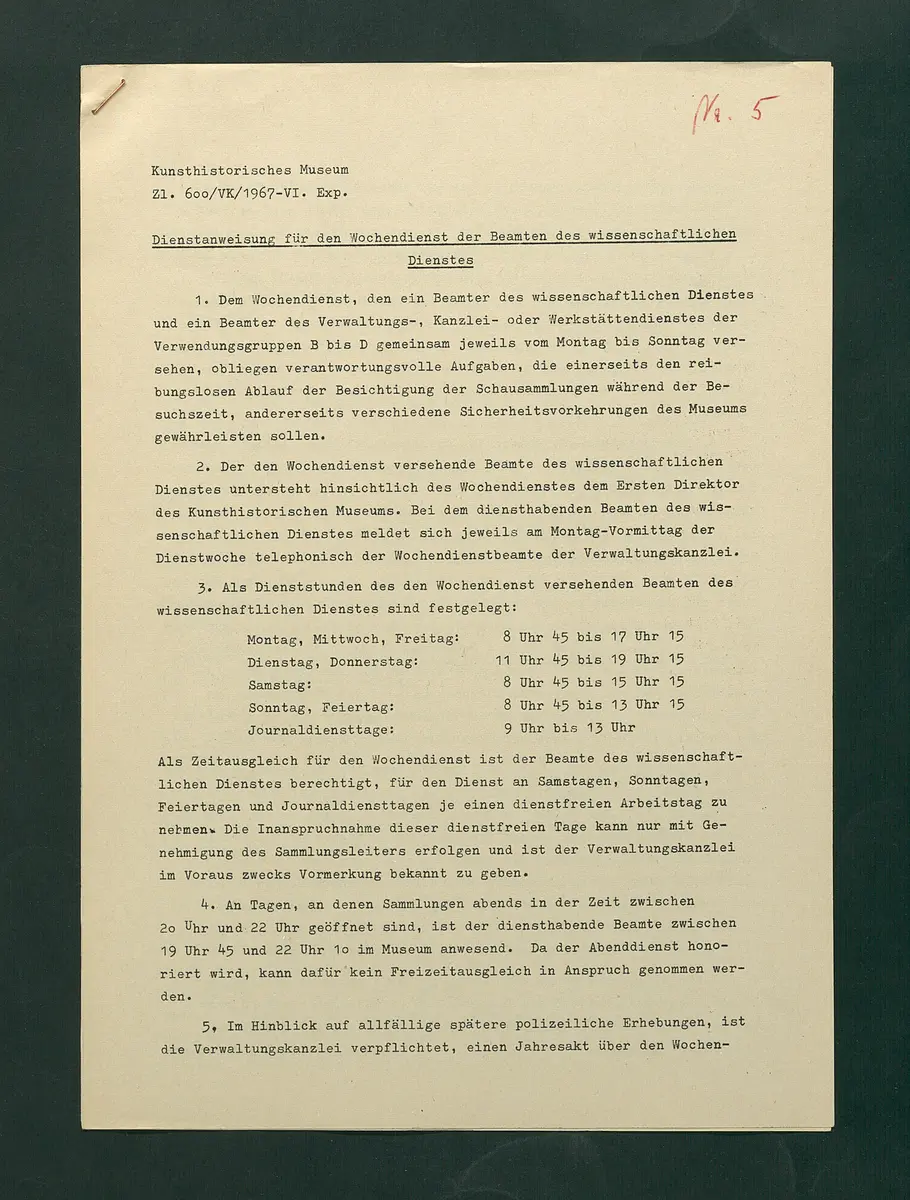 Dienstanweisungen für Postenaufseher, Portiere, die Telephonzentrale, Oberaufseher, Nachtportiere und Nachtaufseher, für den Wochendienst der Beamten und der Verwaltungskanzlei
