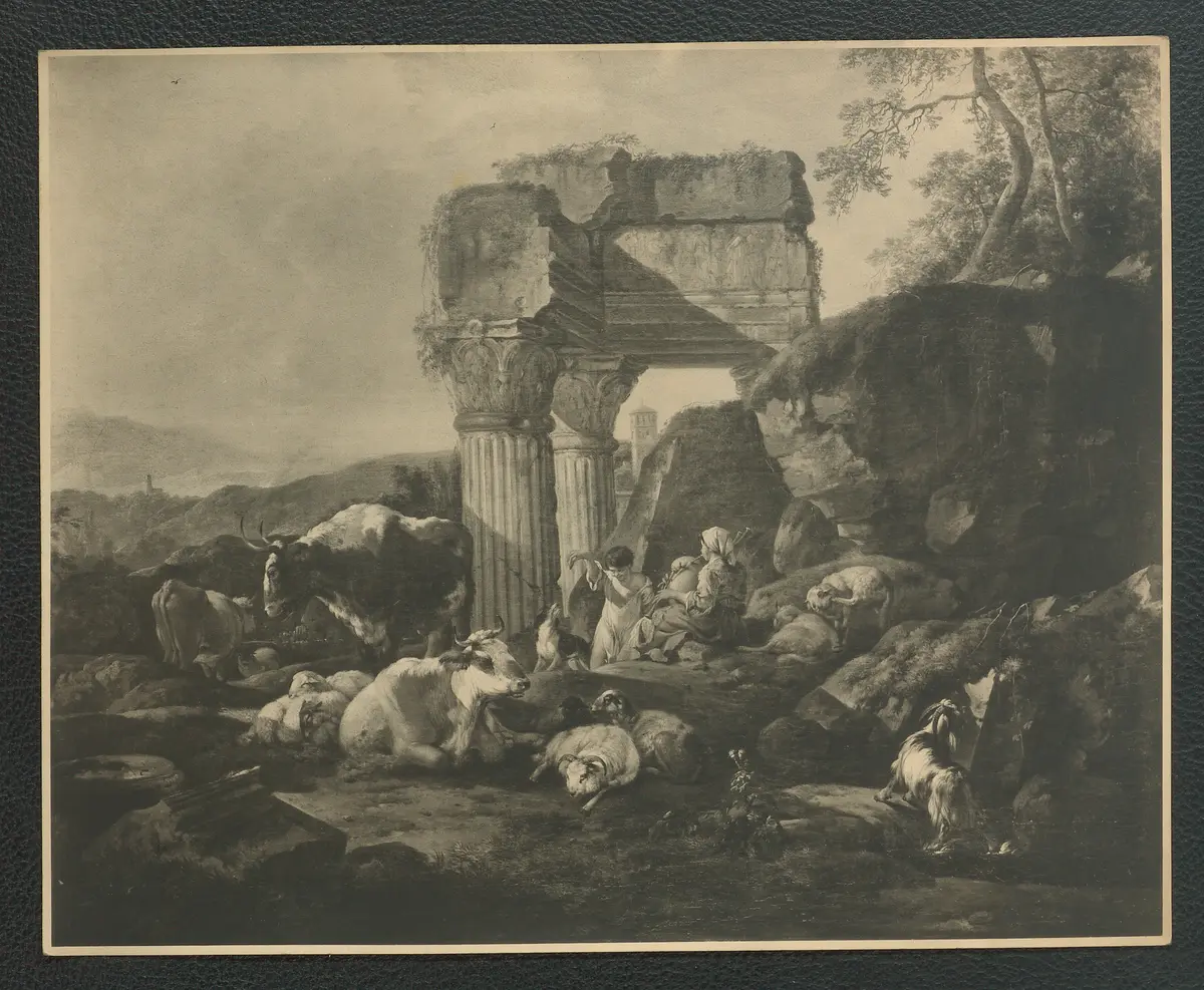 Roos: Ruinenstück mit Tierherde, Dudelsackpfeifer. 62 x 74 cm