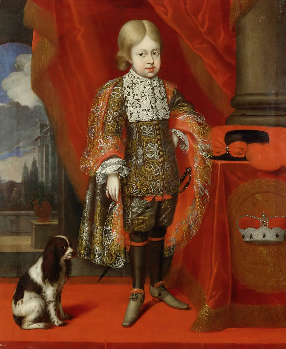 Kaiser Joseph I. (1678-1711) im Alter von sechs Jahren mit einem Hund, in ganzer Figur