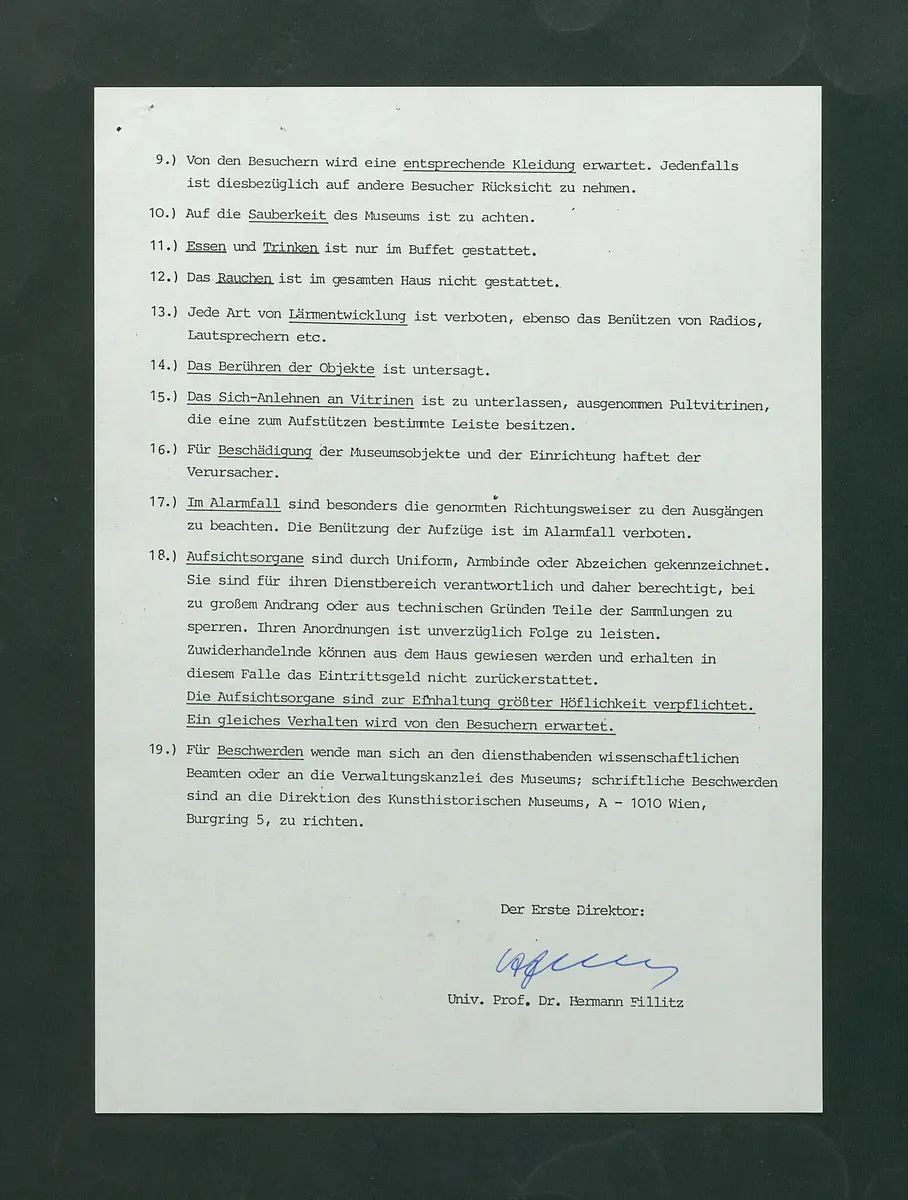 Besucherordnung für das Kunsthistorische Museum, gültig ab 1. August 1988