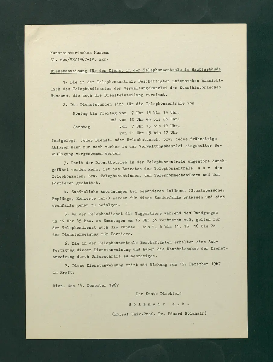 Dienstanweisungen für Postenaufseher, Portiere, die Telephonzentrale, Oberaufseher, Nachtportiere und Nachtaufseher, für den Wochendienst der Beamten und der Verwaltungskanzlei