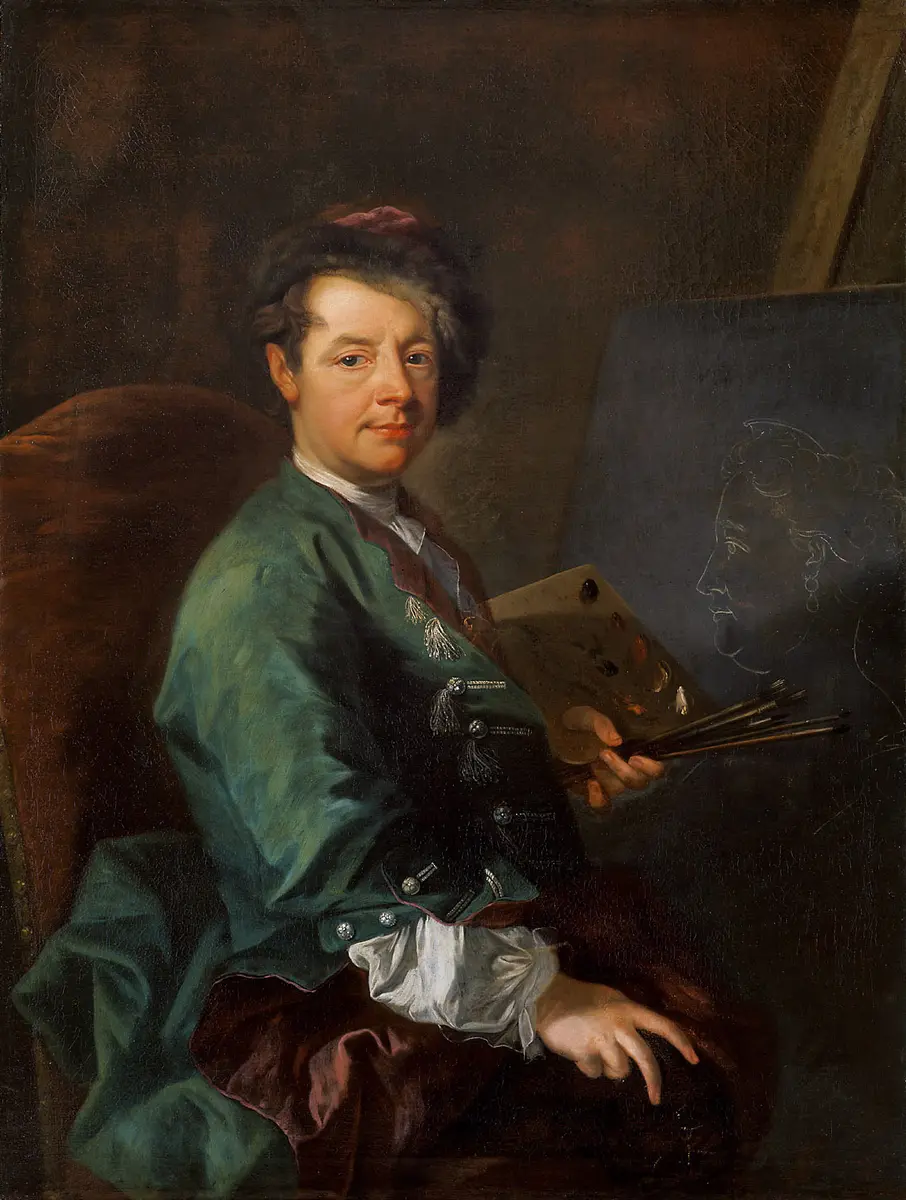 Selbstporträt vor der Staffelei mit dem Profilbildnis der Kaiserin Elisabeth Christine (1697 - 1753), Mutter der Kaiserin Maria Theresia (1717 - 1780)
