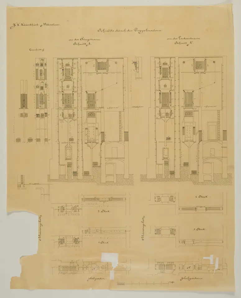 K. k. Kunsthistorisches Museum. Schnitte durch die Doppelmauern. An der Ringstraße. An der Lastenstraße