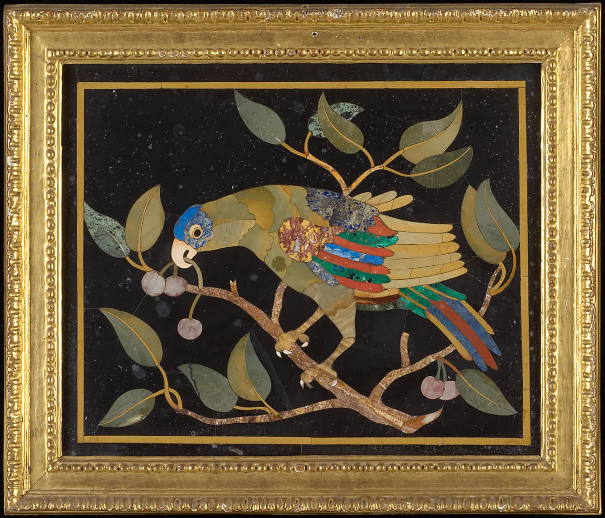Papagei, Steinmosaik, commesso di pietra dura, Mosaikbild