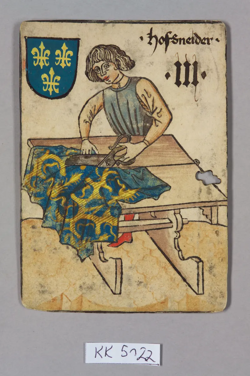 Spielkarte, Frankreich, Hofschneider (Drei), aus dem sog. Hofämterspiel