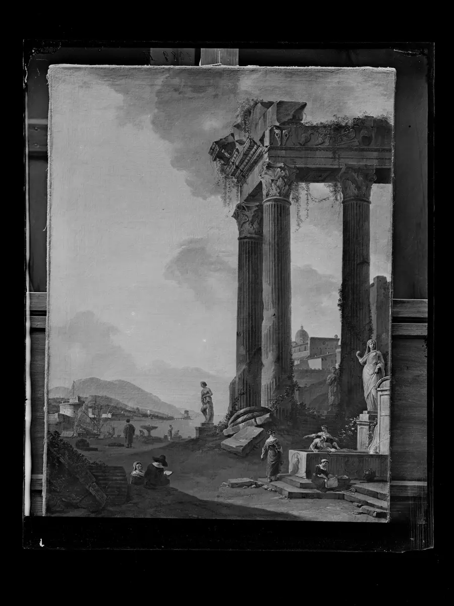 Meeresufer mit Ruine, links der zeichnende Künstler