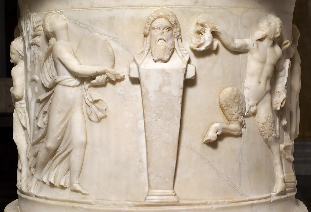Reliefkrater: Dionysos, Satyrn und Mänaden