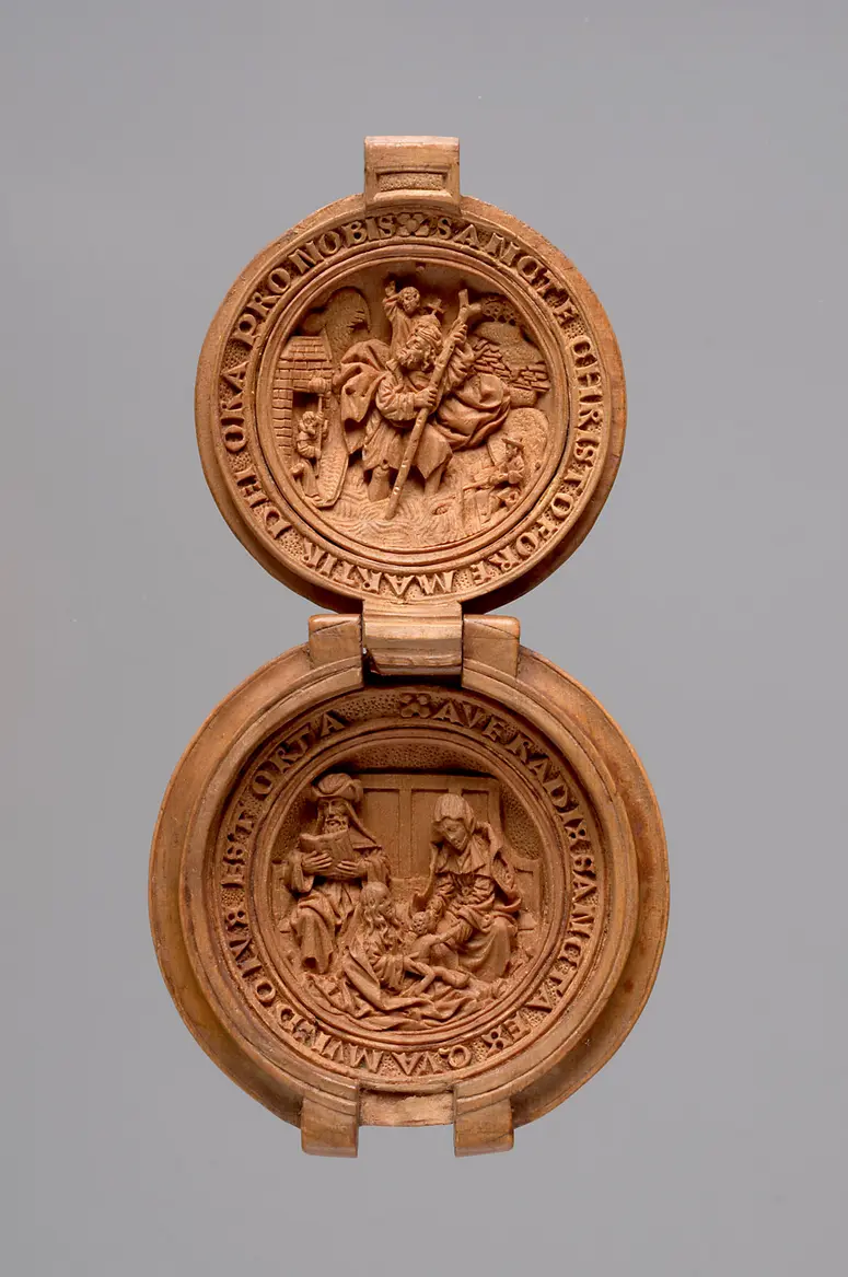 Rosary Pendant featuring Saint Christopher, the Virgin and Child and Saints Joachim and Anne, a so-called Prayer-nut