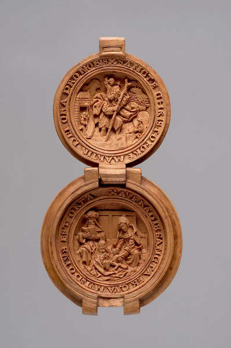 Rosary Pendant featuring Saint Christopher, the Virgin and Child and Saints Joachim and Anne, a so-called Prayer-nut