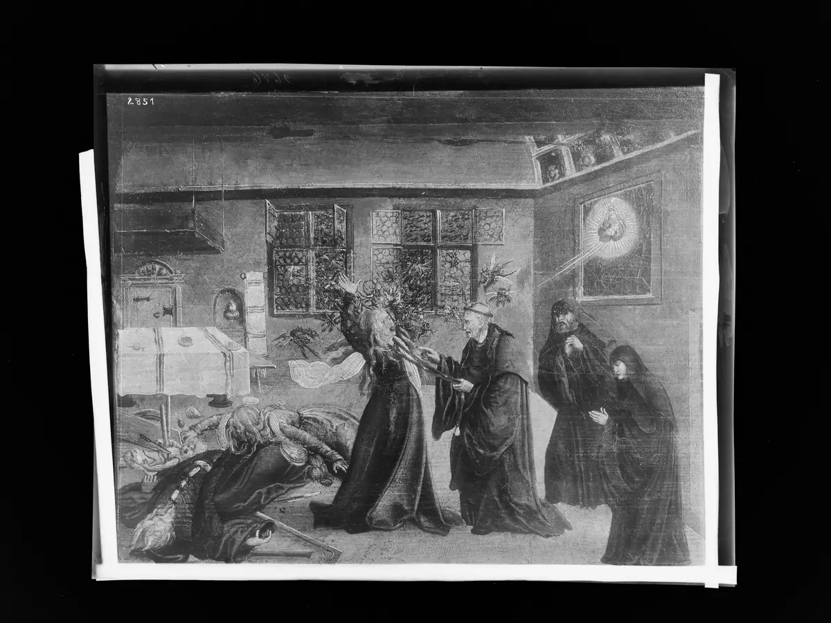 Eine Besessene, die ihre Leute getötet hat, wird von einem Benediktinermönch durch Anlegen der Stola gebändigt und die Teufel fahren aus