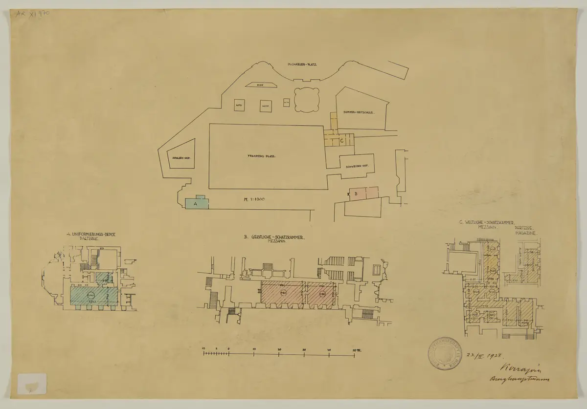 Geistliche Schatzkammer Mezzanin. Weltliche Schatzkammer Mezzanin. Grundrisse Uniformierungs-Depot Parterre.