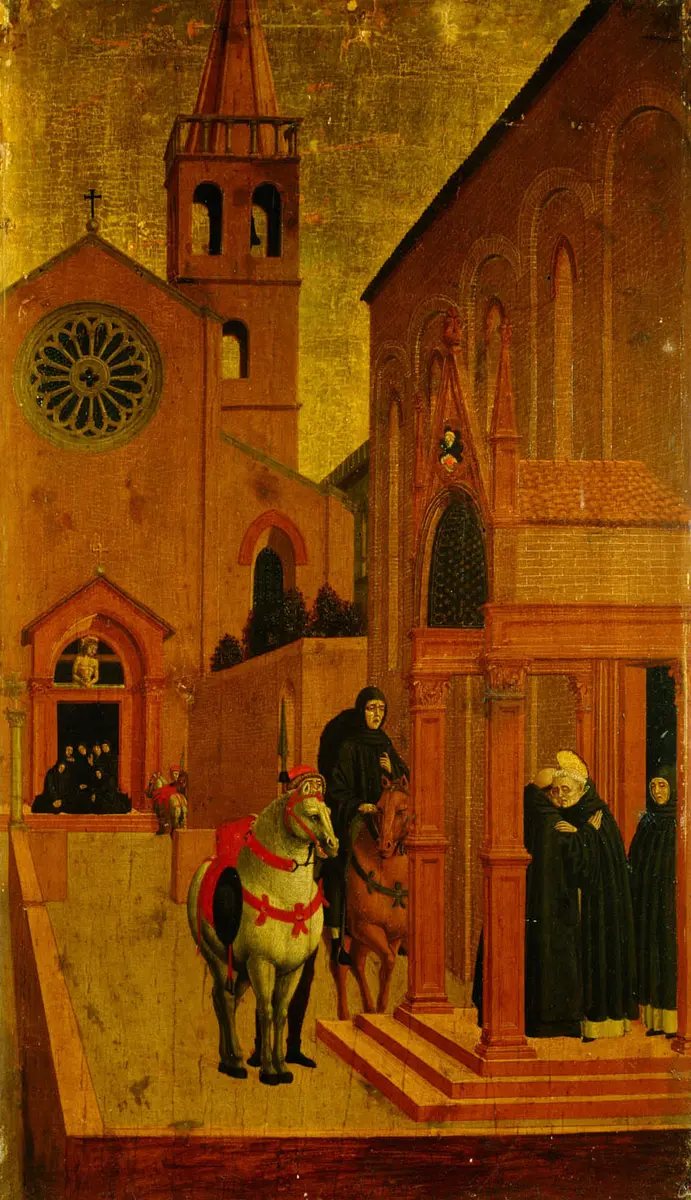 Szene aus dem Leben des hl. Vinzenz Ferrer: Besuch des Priors von Oreola beim Heiligen; Tod des Bruders Gilabertus vor der Kirchentür