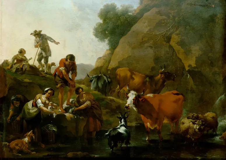 Viehherde mit waschenden Frauen