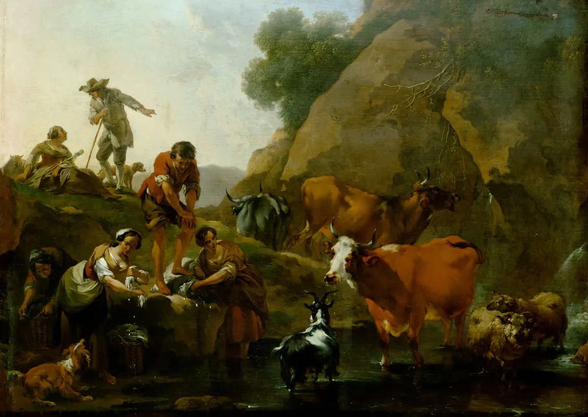 Viehherde mit waschenden Frauen
