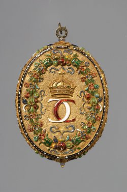 Medaillonkapsel mit den Miniaturbildnissen von Karl IX. v. Frankreich (1550-1574) und seiner Mutter Katharina de´ Medici