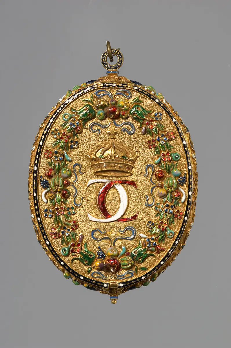 Medaillonkapsel mit den Miniaturbildnissen von Karl IX. v. Frankreich (1550-1574) und seiner Mutter Katharina de´ Medici