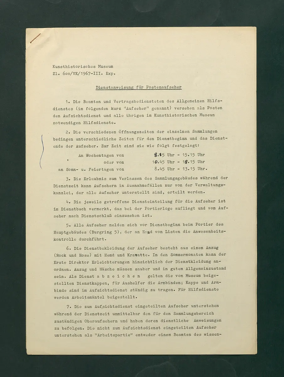 Dienstanweisungen für Postenaufseher, Portiere, die Telephonzentrale, Oberaufseher, Nachtportiere und Nachtaufseher, für den Wochendienst der Beamten und der Verwaltungskanzlei