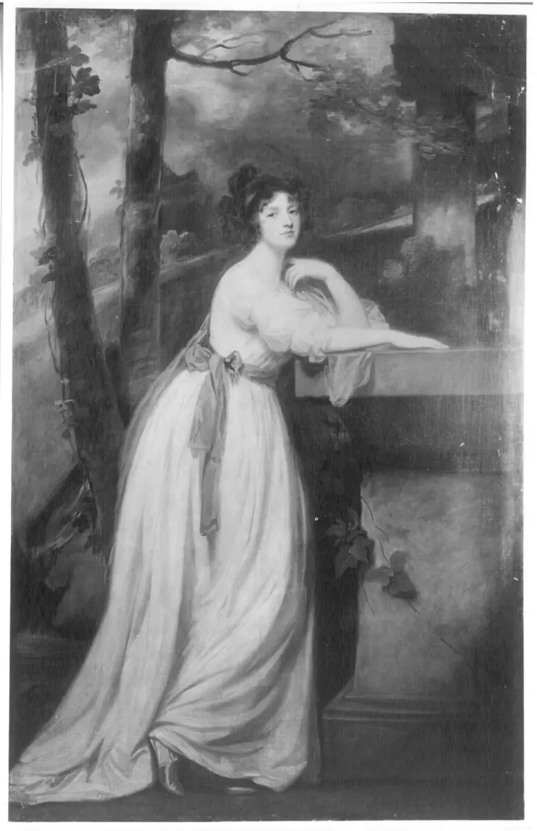 Romney, Frauenbild in ganzer Figur, an einen Säulenstumpf gelehnt (Lady Hamilton).