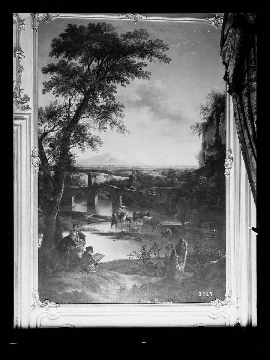 Aulandschaft mit Brücke und Maler im Vordergrund
