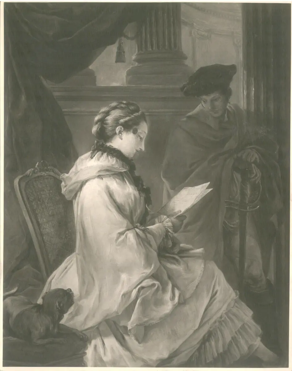 Brieflesende Dame und Mann in rotem Mantel