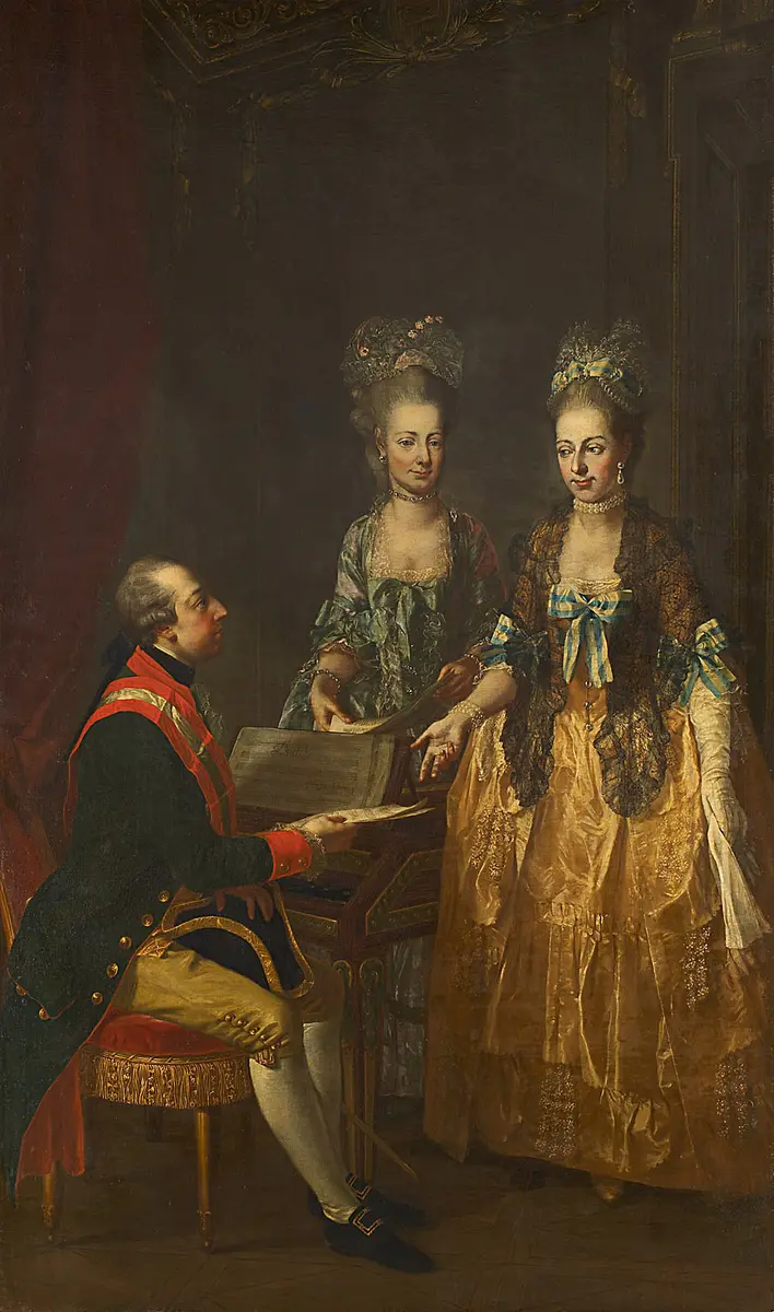 Kaiser Joseph II. (1741-1790) am Spinett mit seinen zwei Schwestern, den Erzherzoginnen Maria Anna (1738-1789) und Maria Elisabeth (1743-1808)