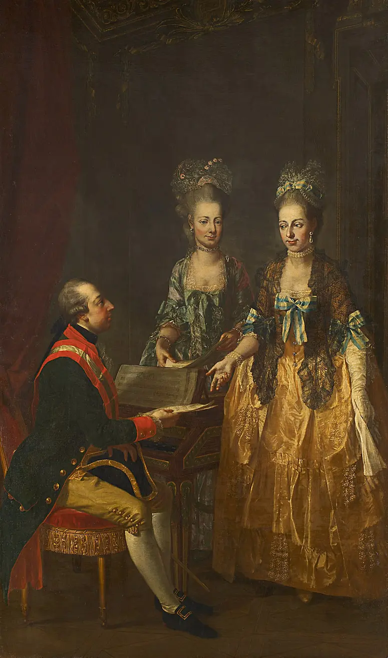 Kaiser Joseph II. (1741-1790) am Spinett mit seinen zwei Schwestern, den Erzherzoginnen Maria Anna (1738-1789) und Maria Elisabeth (1743-1808)