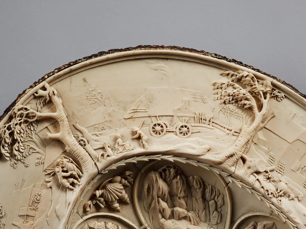 Prunkschale aus Elfenbein mit ländlichen Szenen, Landschaften und Adam und Eva