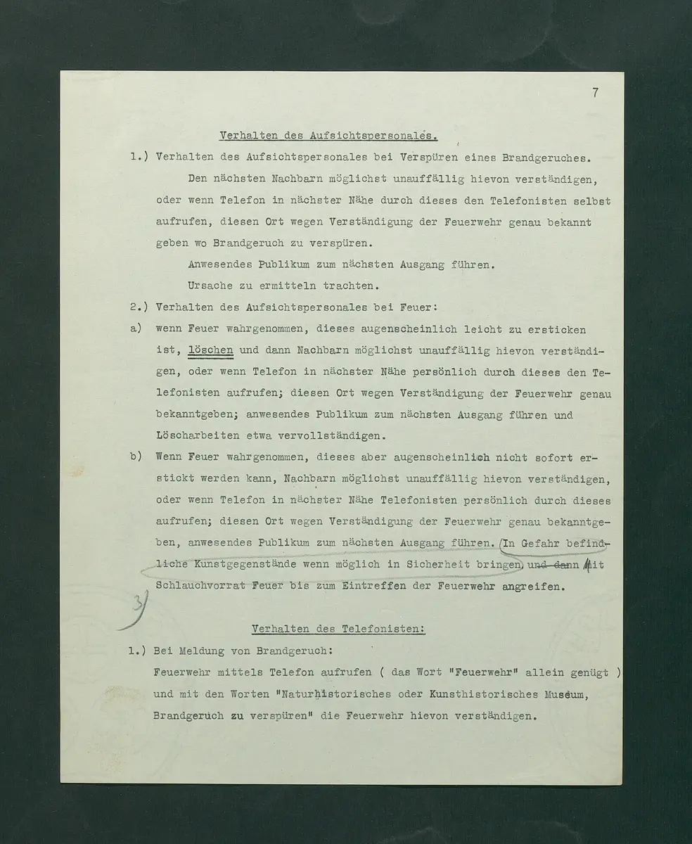 Entwurf einer Feuerlöschordnung für das Kunsthistorische Museum, 1926