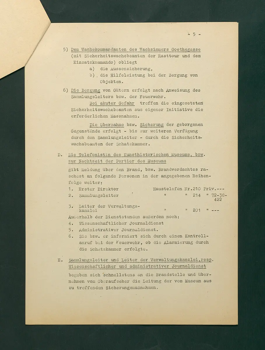 Feuerlöschordnung für das Kunsthistorische Museum, Teil III: Schatzkammer