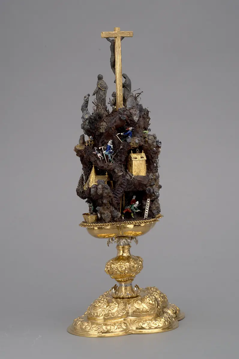 Handstein mit Bergwerk und Kreuzigung Christi