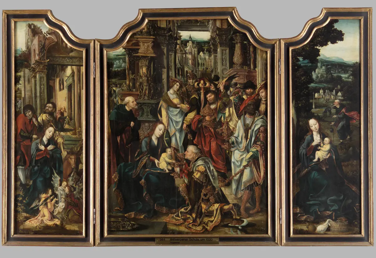 Flügelaltar; Mittelbild: Anbetung der Könige; linker Flügel: Anbetung der Hirten; rechter Flügel: Ruhe auf der Flucht nach Ägypten