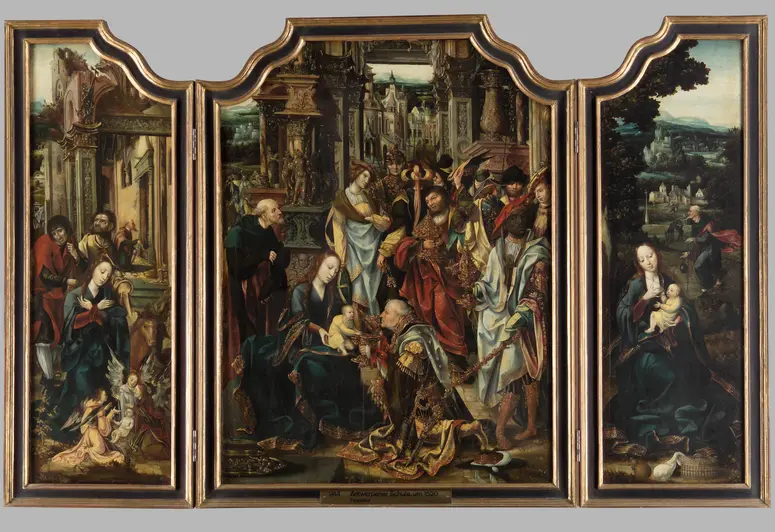 Flügelaltar; Mittelbild: Anbetung der Könige; linker Flügel: Anbetung der Hirten; rechter Flügel: Ruhe auf der Flucht nach Ägypten