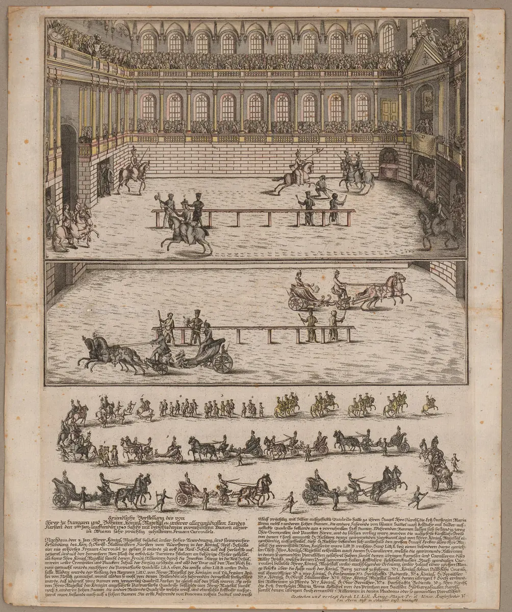 Das Damenkarussell in der spanischen Hofreitschule am 2.1.1743. Kolorierter Kupferstich (Flugblatt)