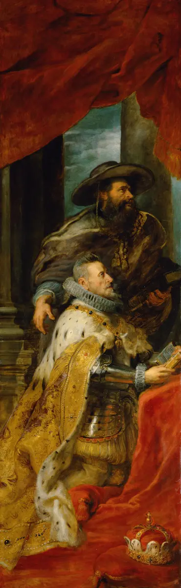 Ildefonso-Altar: Maria erscheint dem hl. Ildefonso (Mittelteil), Erzherzog Albrecht der VII. (linker Innenflügel) bzw. Infantin Isabella Clara Eugenia (rechter Innenflügel), beide mit ihren Schutzpatronen