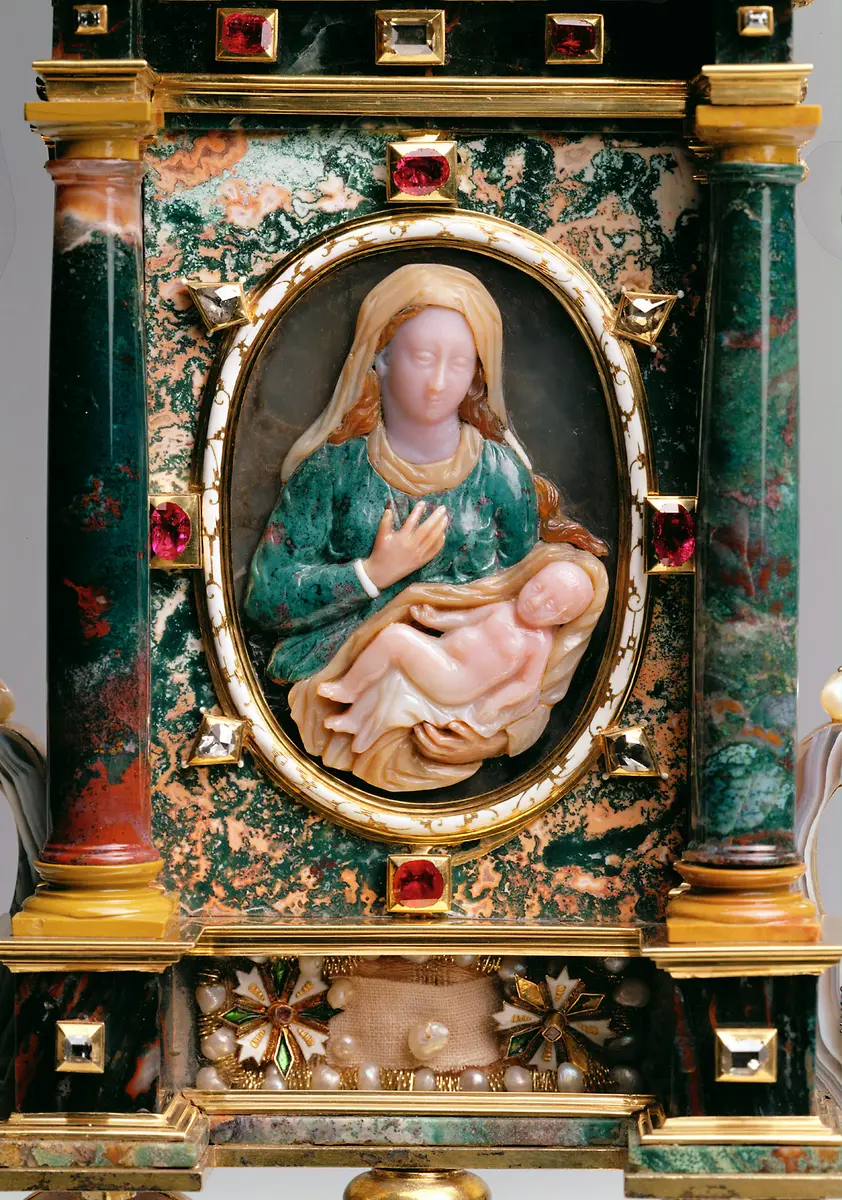 Reliquienmonstranz aus Japspis mit Reliquie vom Hemd der Madonna