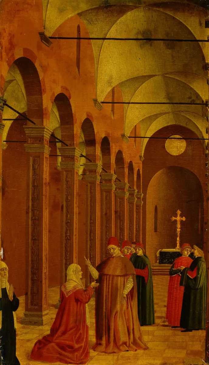 Szene aus dem Leben des hl. Vinzenz Ferrer: Die Mutter des Heiligen fragt den Bischof von Valencia nach dem Sinn der wunderbaren Zeichen, die die Geburt ihres Kindes ankündigen