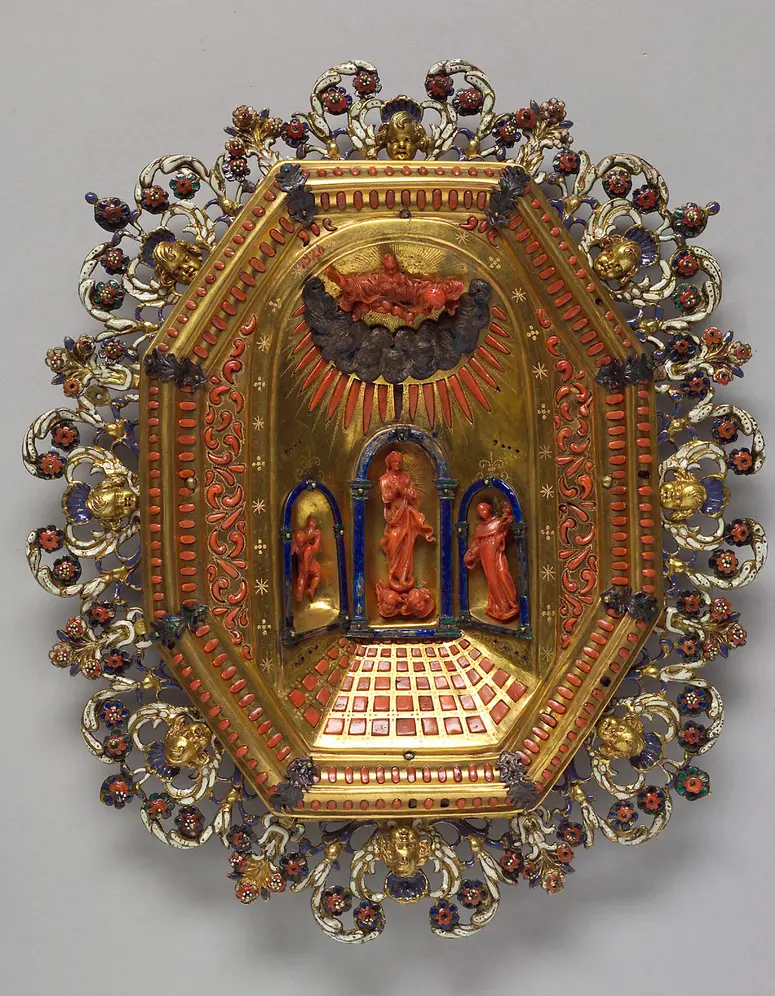 Wanddekoration mit der Darstellung Mariae Empfängnis, Platte, Teller, Einlegearbeit