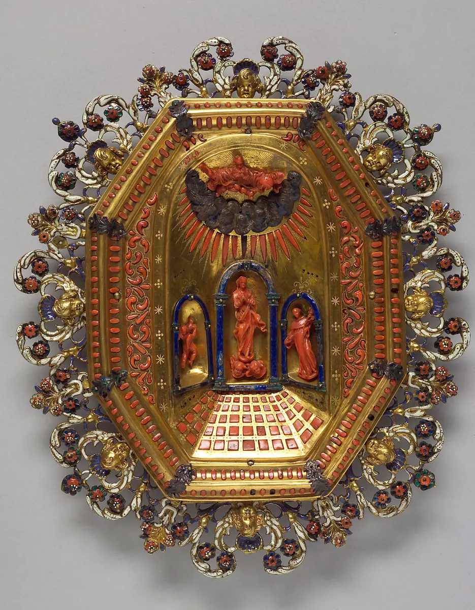 Wanddekoration mit der Darstellung Mariae Empfängnis, Platte, Teller, Einlegearbeit
