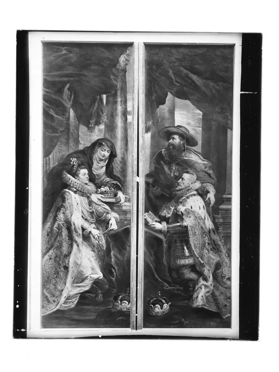 Ildefonso-Altar: Maria erscheint dem Hl. Ildefonso (Mittelteil), Erzherzog Albrecht der VII. (linker Innenflügel) bzw. Infantin Isabella Clara Eugenia (rechter Innenflügel), beide mit ihren Schutzpatronen