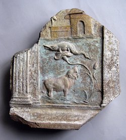 Fragment aus der linken Hälfte einer Nillandschaft: Rohrhütte, Krokodil und Flusspferd