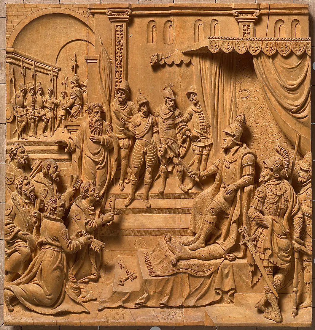 Szenen a.d. Schmalkaldischen Krieg, Unterwerfung der protestantischen Städte, 1547; aus einer Serie von 8 Darstellungen der Siege Kaiser Karls V.