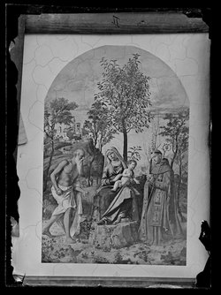 Madonna mit Kind unter einem Baum sitzend umgeben vom Hl. Hieronymus und einem Bischof