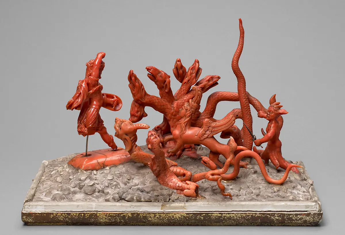 Statuette; Skulptur, Koralle, Naturalie, Herkules im Kampf mit der Hydra