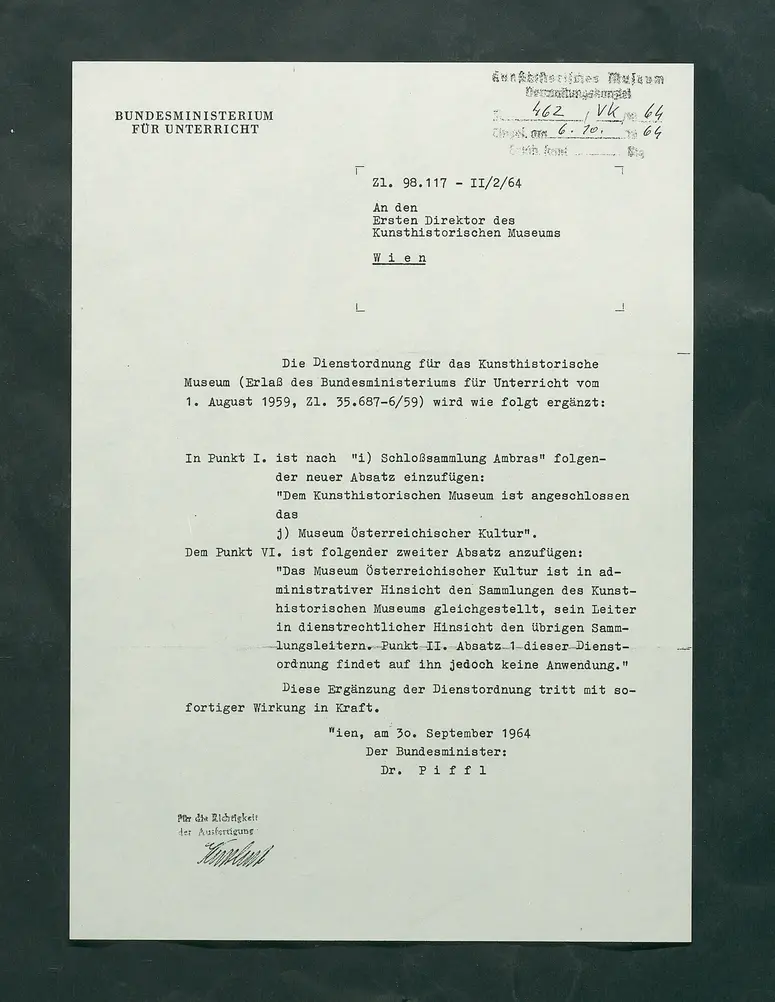 Ergänzung der Dienstordnung (Aufnahme des Museums Österreichischer Kultur)